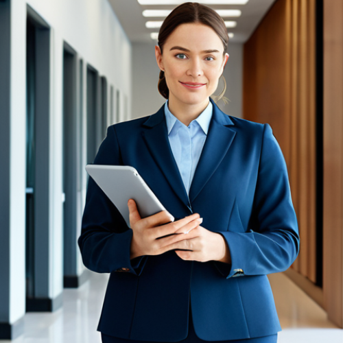**

"A confident and professional businesswoman, fully clothed in a modest, tailored business suit, standing in a bright and modern office lobby, holding a tablet. Appropriate attire, natural pose, perfect anatomy, well-formed hands, safe for work, family-friendly, professional photography, high quality."

**