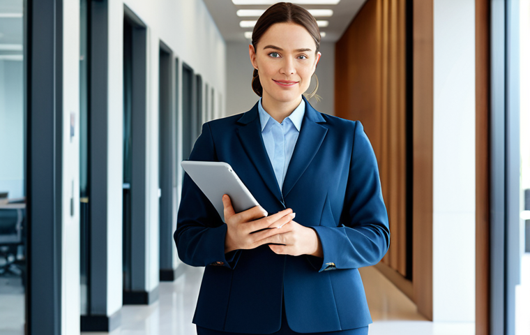 **

"A confident and professional businesswoman, fully clothed in a modest, tailored business suit, standing in a bright and modern office lobby, holding a tablet. Appropriate attire, natural pose, perfect anatomy, well-formed hands, safe for work, family-friendly, professional photography, high quality."

**
