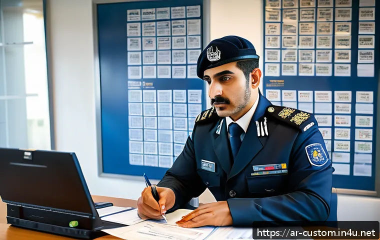관세사 수출통관 절차 - A detailed scene showing a professional Middle Eastern customs officer at a modern customs office, m...