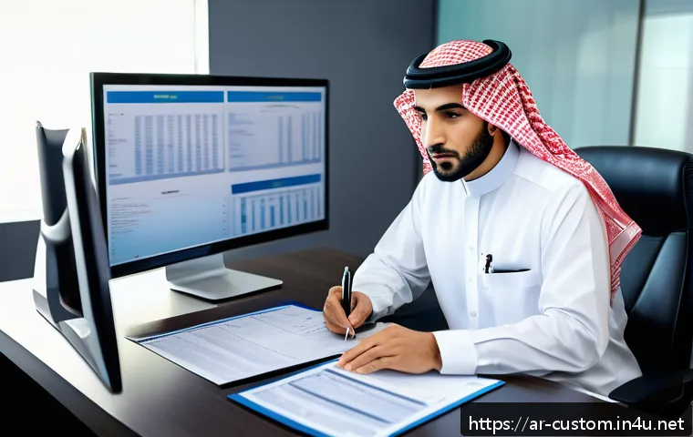 관세사 업무 필수 스킬 - A professional Middle Eastern customs agent in a modern office, attentively studying updated legal d...