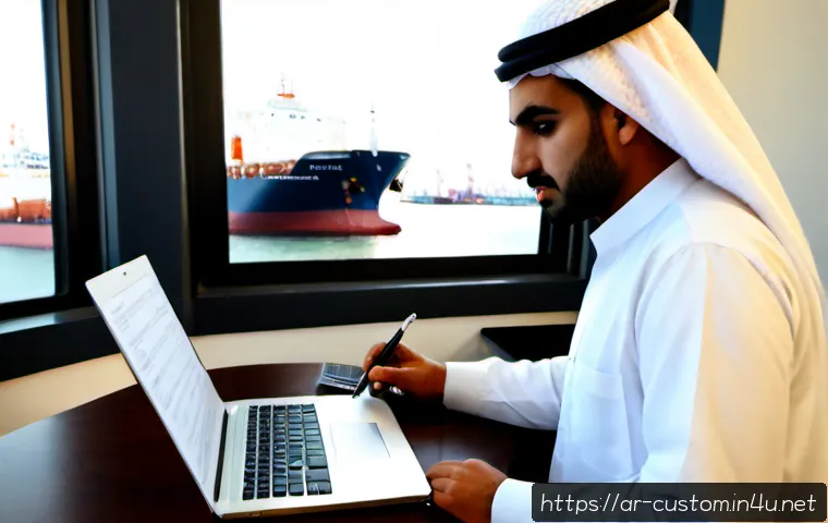 관세사 자격 취득 과정 - Photorealistic Arab professional studying for customs broker certification at a tidy home office, mo...