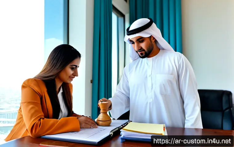 Home 30 FTA 관련 최신 법규 - Photorealistic trade compliance consultation in a modern Gulf Arab office, an Arab businesswoman in ...