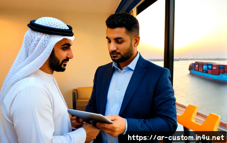 Home 17 관세사와 물류업체 협업 사례 - Photorealistic collaboration meeting between an Arab customs broker in modest business attire and a ...