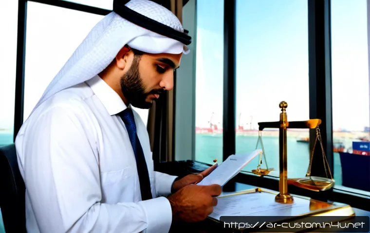 관세사 관련 법규 정리 - Photorealistic Arabic customs broker in modest professional business attire reviewing organized blan...